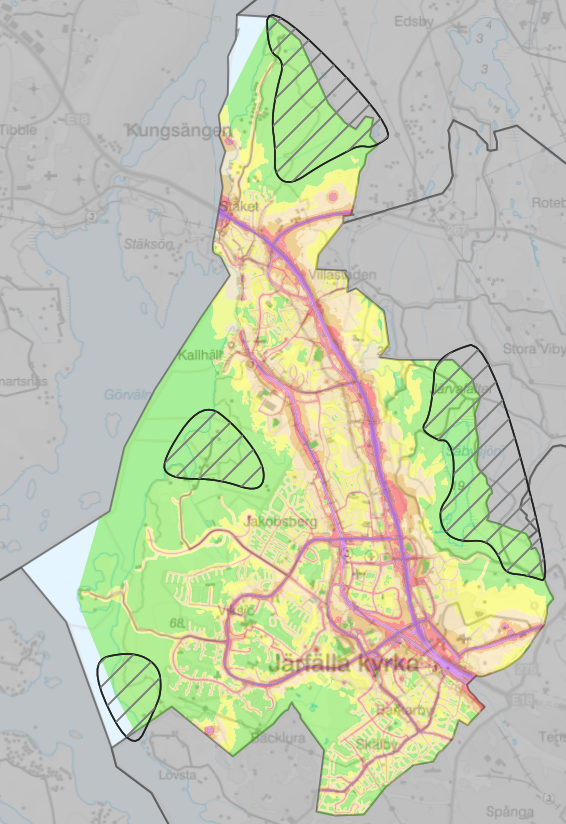 Karta över sammanhängande tysta områden i Järfälla.